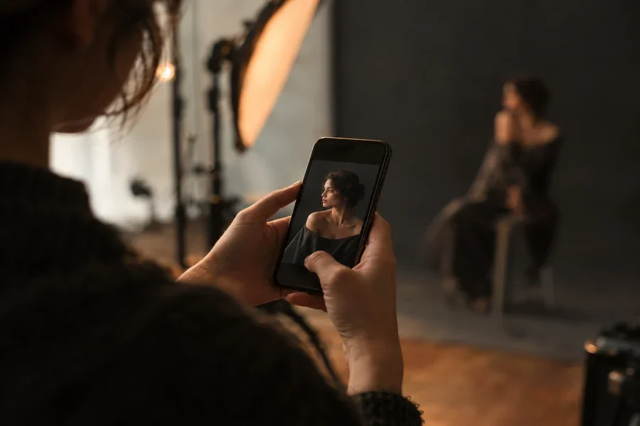 Fotógrafo abriendo El Manual de Poses™ en su celular